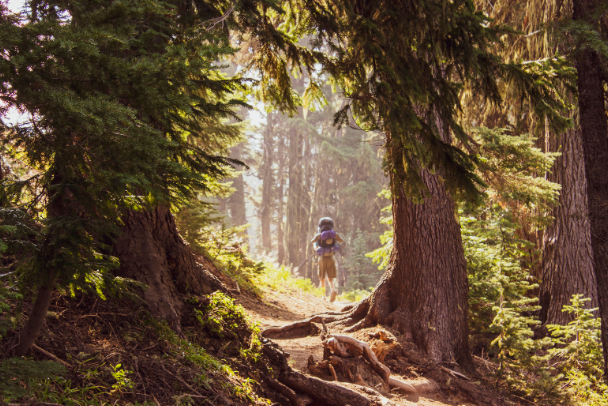 A man backpacking through the woods.