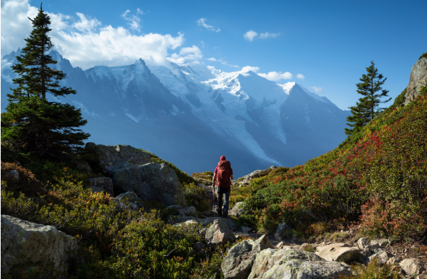 A person hiking, looking up at snow covered mountain tops.