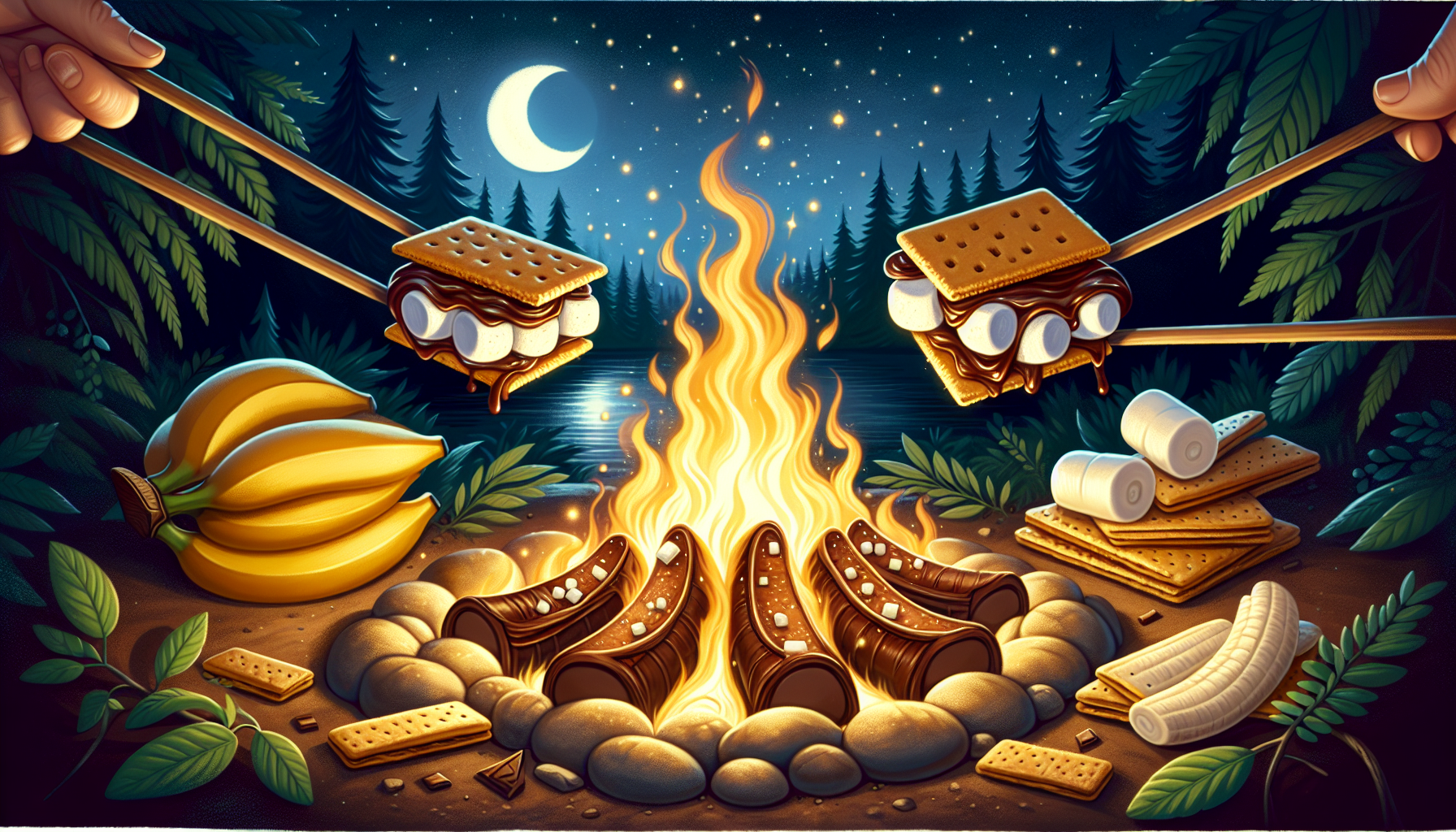 Sweet camping desserts like s'mores and banana boats, perfect for a camping adventure.