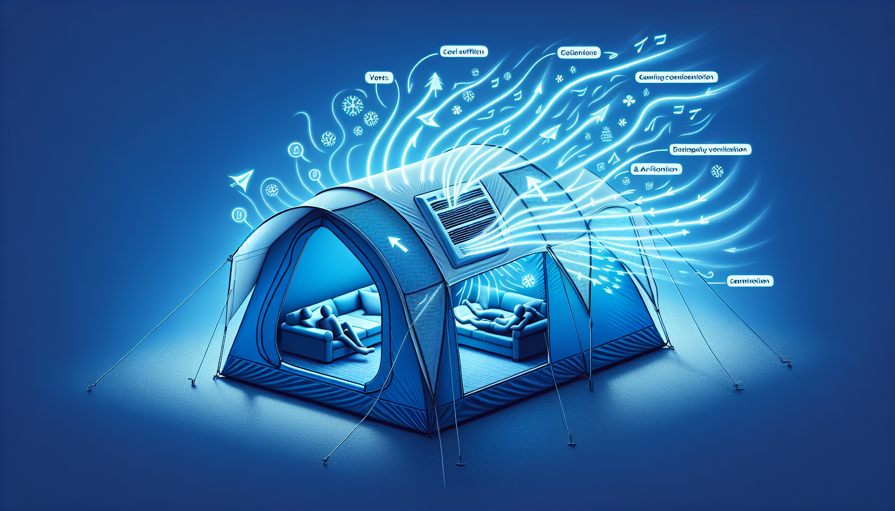 Illustration of proper ventilation in a camping tent with an air conditioner