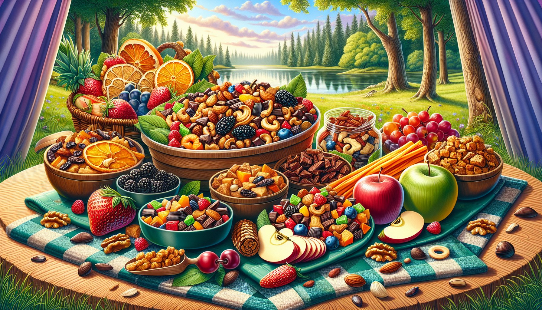 Snacks and sides for camping, including trail mix and fresh fruit, ideal for outdoor activities.