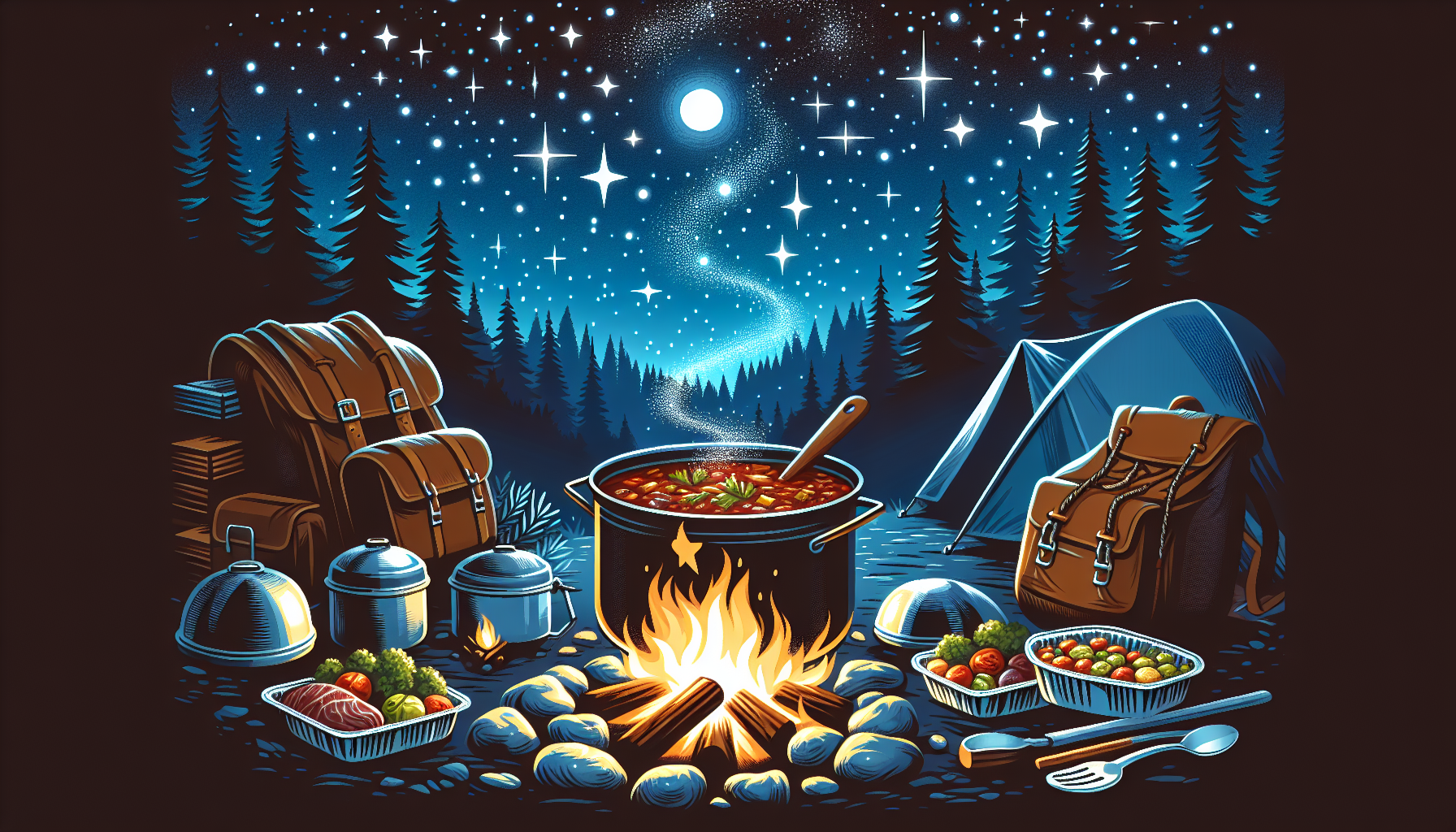 Hearty dinner ideas for camping, featuring foil packet meals and chili, ideal for a family camping trip.