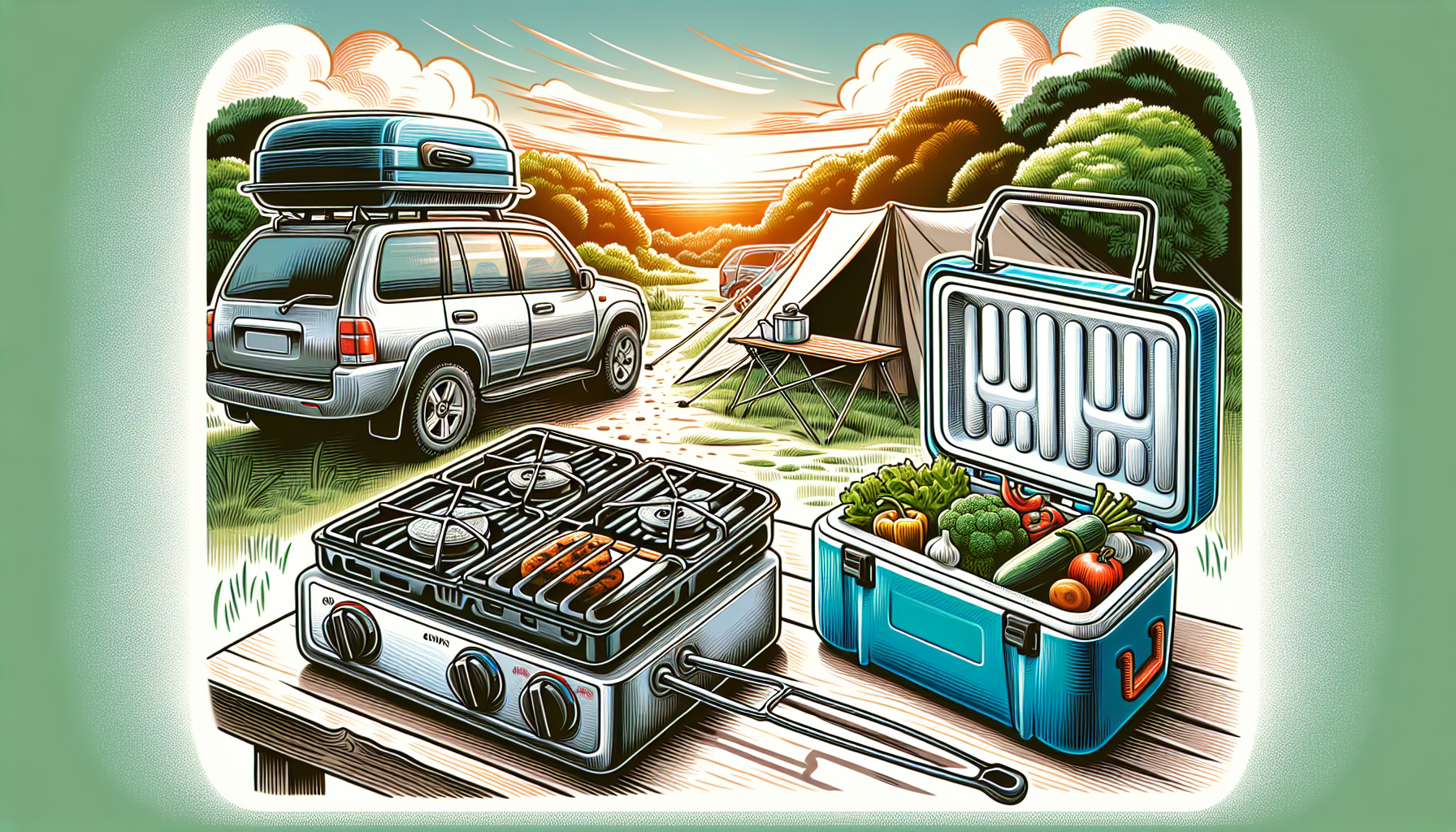 Illustration of essential cooking and food storage equipment for car camping