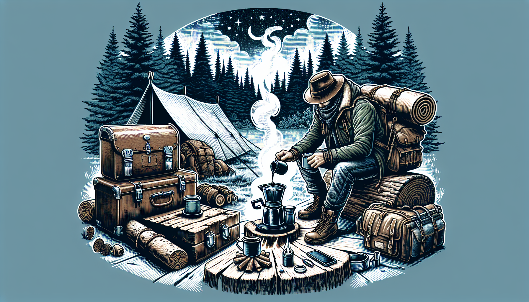 Illustration of a person brewing coffee in a camping setting