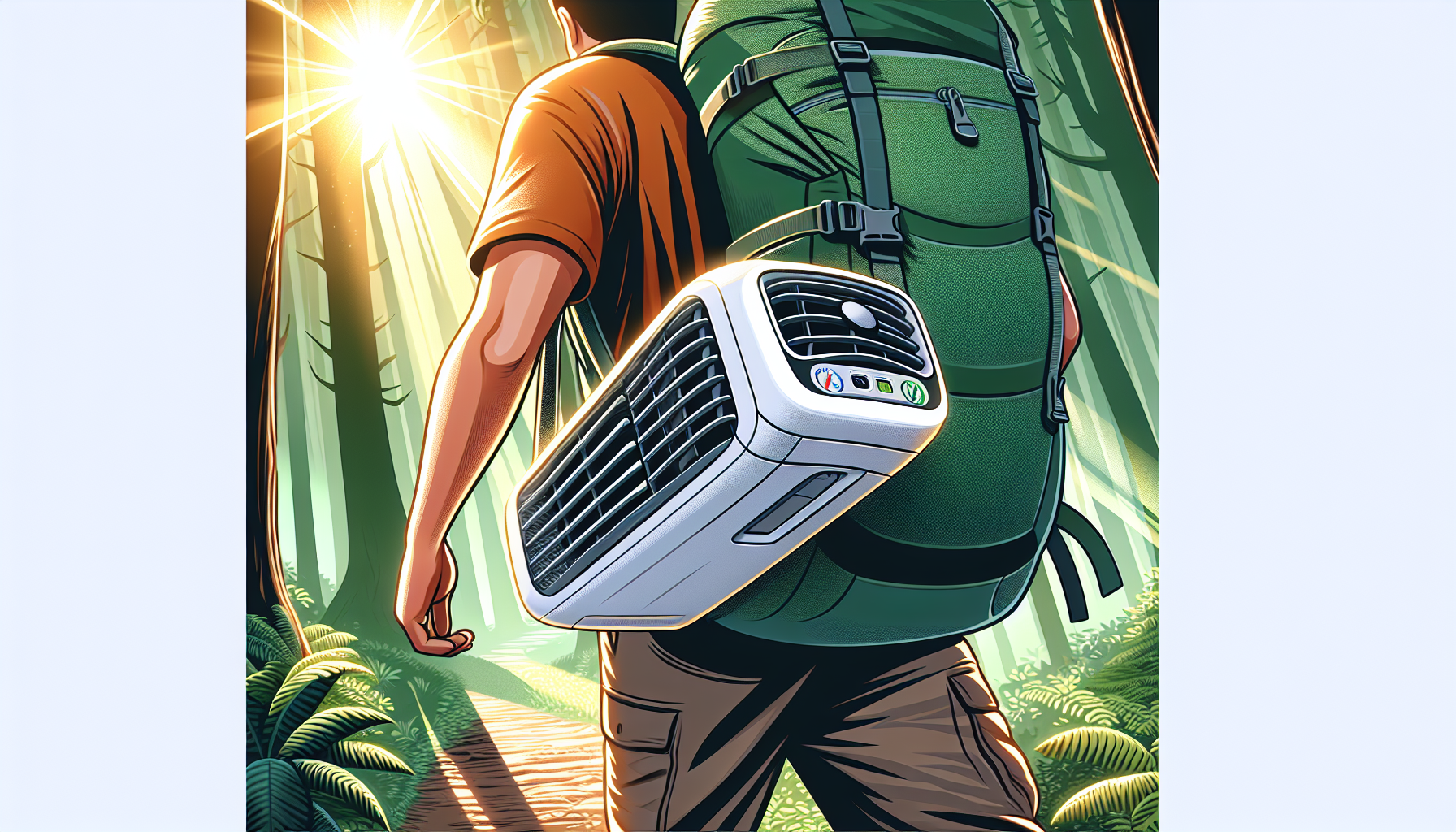 Illustration of a person carrying a compact and portable camping air conditioner