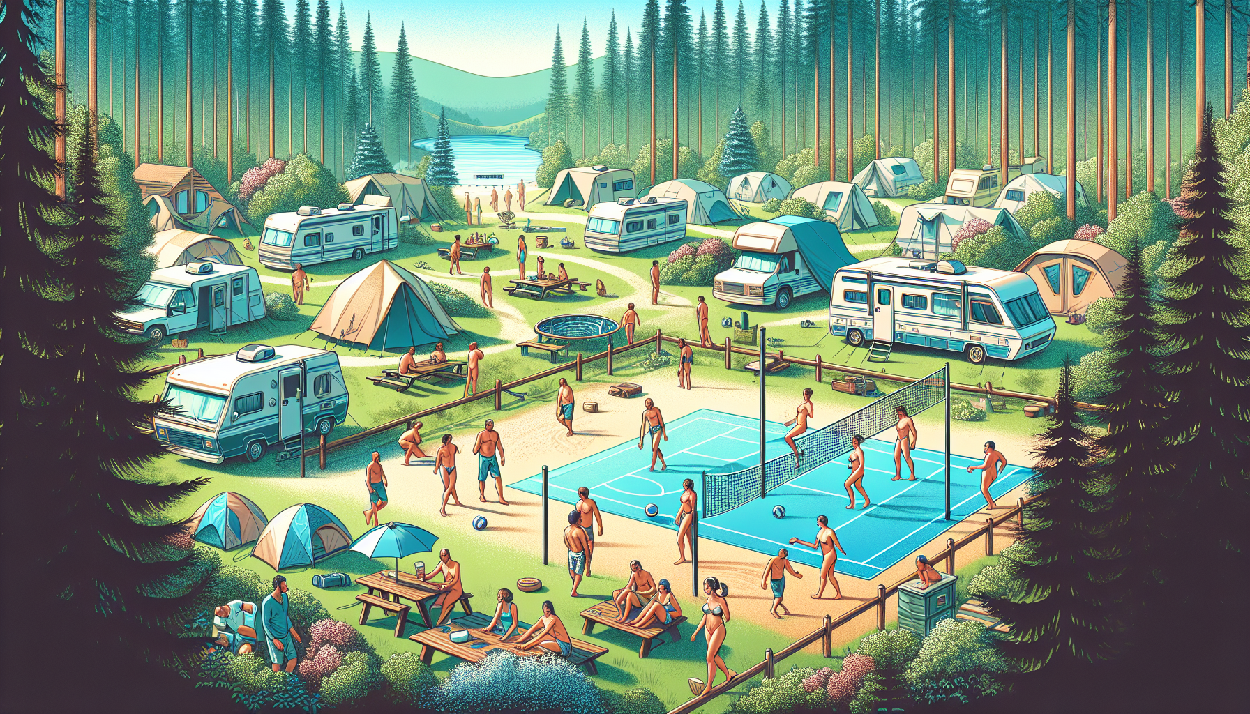 Illustration of a serene nudist camping site with tents and recreational facilities