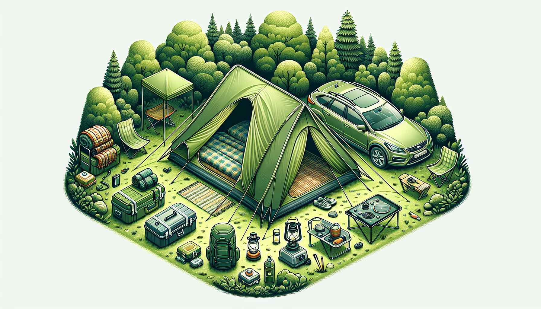 Illustration of a comfortable tent, sleeping bags, and camping gear for car camping